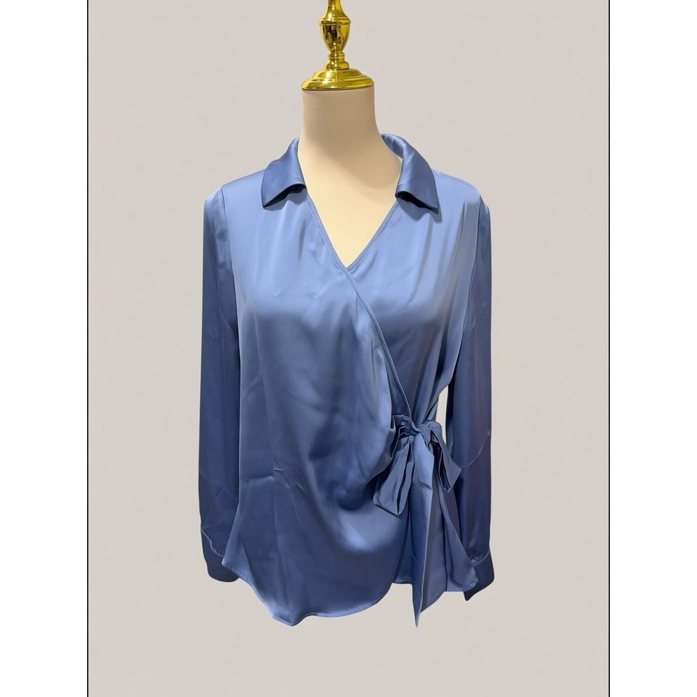Grace Karin Womens Blue Satin Wrap Blouse Side Tie V-Neck Long Sleeve Top M NEW